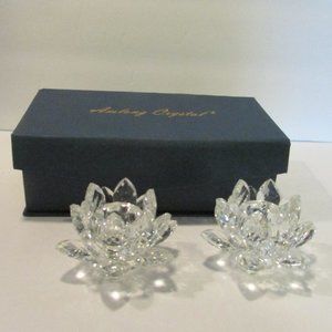 pair of Amlong crystal clear lotus flower candle holder set